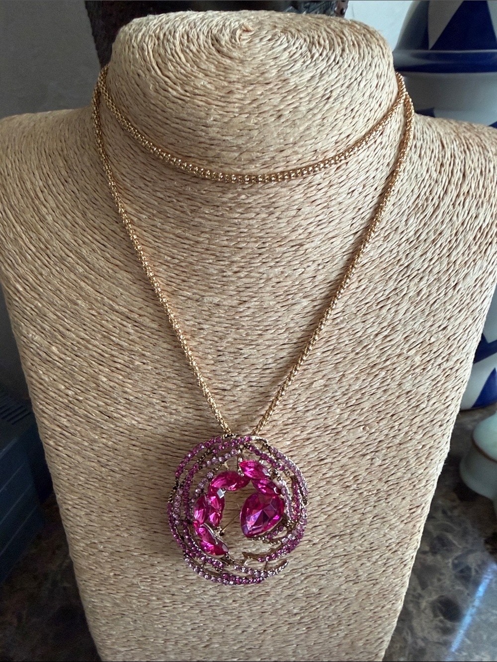 Gold-Tone betsey Johnson Necklace with Pink Crystal Pendant or brooch
